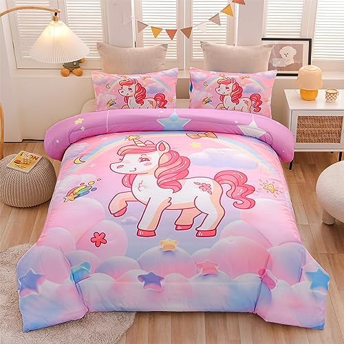 Aimuan Girls Unicorn Comforter Set 3 Pieces Pink Purple Bedding Set with Rainbow Star Galaxy Stars Fantasy Children Room Decor Soft Reversible Bed Sets for Boys/Girls/Teens (Pink Full3Pcs)