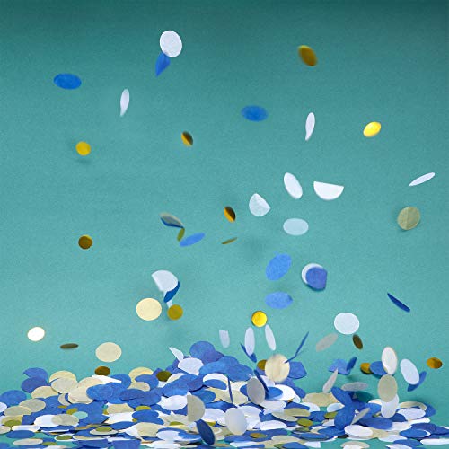 Image of TecUnite Blue Gold Confetti Round Tissue Paper Table Confetti Dots for Wedding Birthday Party Decoration Arts Craft DIY Scrapbooking, 1.76 oz (2.5 cm)