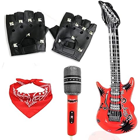 5 Pieces Rockstar Fancy Party Kit, Air Guitar Inflatable Microphone Punk Gloves Red Cotton Paisley Bandana Headband for Rock Punk Disco Party Kids Cover