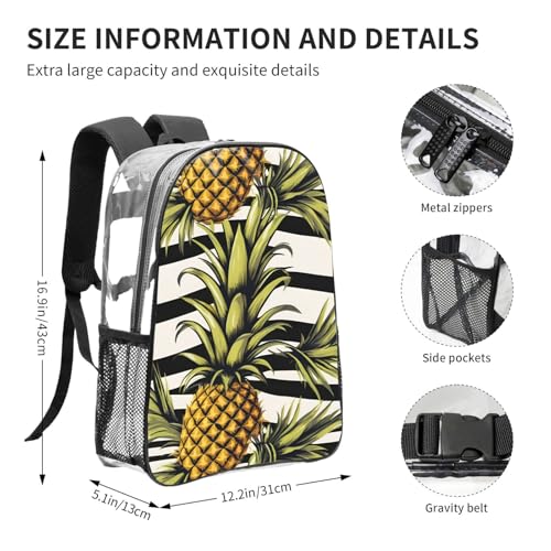 Pineapple with Striped Print Work Travel Stadium Events Transparent Backpack PVC Clear Bag Large Side Pockets4