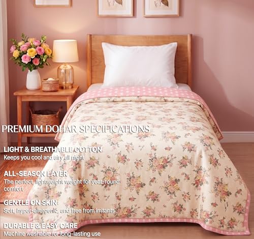 Image of HOMEKART Luxury Cotton Dohar Blanket for Single Bed | Ultra Soft Reversible AC Quilt | Floral Printed Lightweight Summer Blanket | 58x88Inches (Terracotta Pink)