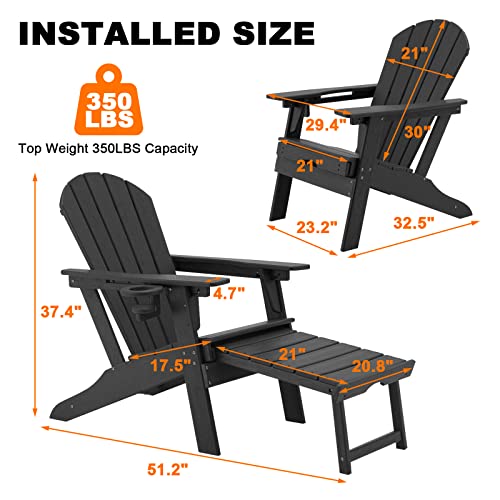 Niopatio Plastic Adirondack Chair,Oversized Adjustable Backrest Weather Resistant Fire Pit Adirondack Chair With Cup Holder Retractable Ottoman For Outdoor,Patio,Garden,Pool,Campfire (Black) #TOP2