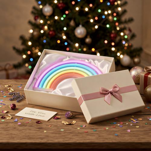 Image of Neon Rainbow Sign, USB & Battery Powered LED Wall Light, Cute Rainbow Decor for Girls Bedroom, Kids Room, Nursery & Dorm - Safe, No-Flicker Night Light for Party, Christmas & Birthday Gift