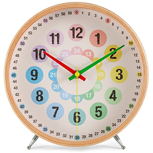 知育時計 置き時計 子供 木製 24時間表示 天然木 掛け時計 時間学習 静音 壁掛け時計 カラフル 子供用 生徒用 木枠 非電波 キッズ クロック VIKMARI（花 - B）