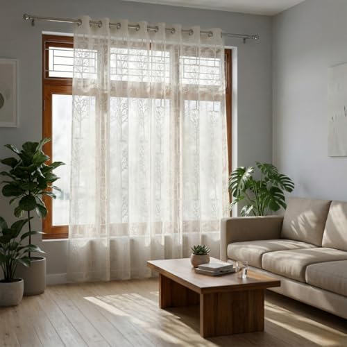 Image of Fabrilia Cream Net Curtains Set of 2 | Sheer Tree Pattern Drapes for Long Door 9 feet | Semi Transparent Curtain for Living Room, Bedroom & Balcony