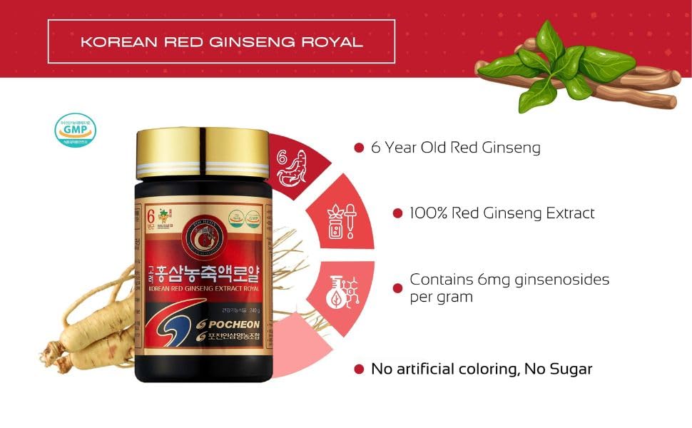 POCHEON KOREAN RED GINSENG 240g, 100% Pure 6Years Root Panax Extract Royal, 70% Solid State, Natural Immune Support, Herbal Supplement