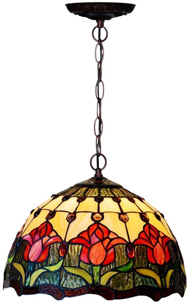 METTEOR 12-Inch Tiffany Style Chandelier,Creative Retro Stained Glass Pastoral Ceiling Pendant Lamp For Dining Room Restaurant Bar Cafe Corridor Han (A)