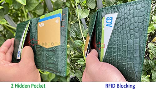 Green Alligator Leather Slim Minimalist Wallet Men Crocodile Double Side Bifold Vertical Credit Card Holder Premium RFID Blocking Handmade Vietnamese Green-CARD-142