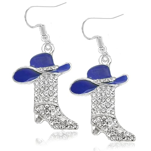 Rhinestone Western Boots Earrings Cowgirl Cowboy Enamel Hat Bohemian Rodeo Boot Drop Dangle Earrings for Women Blue Hat
