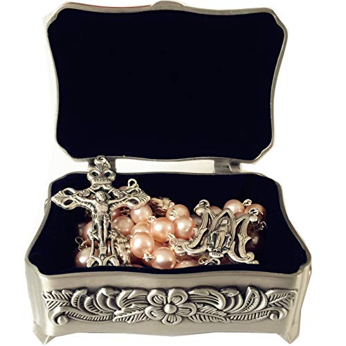 elegantmedical HANDMADE CATHOLIC AAA 8-9mm REAL PEARL SILVER ROSE BEADS ROSARY CROSS NECKLACE BOX