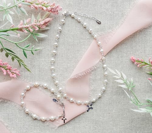 Precious Pieces Children's Sterling Silver Cross Bracelet and/or Necklace with Cultured Pearl and Crystal First Communion, Baptism or Christening Gift3