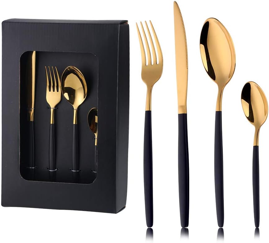 Black and Gold Cutlery Set, 16 Piece Stainless Steel Silverware Set Service for 4, Black Handle Knife Fork Spoon Set, Black and Golden Plated Stainless Steel Flatware Set, Durable and Dishwasher Safe