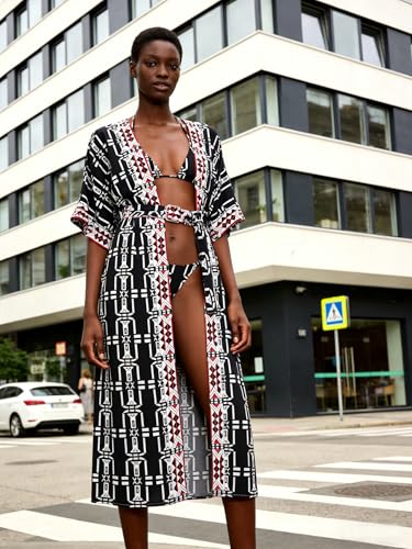 Image of Checked Kimonos for Women Womens Check Print Beach Kimonos Long Sleeve Kimono Duster Soft Light Weight Kimono Cover up Cover up Loose Open Front Beach Cover up Summer Cardigans with Belt (778 Check)