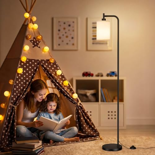 Image of Ziisee 64 inch Floor Lamp with Remote Control, Dimmable Tall Standing Lamps for Living Room Bedroom Office Corner, 9W LED Bulb Included, Foot Pedal Switch, Beige Shade Black Pole