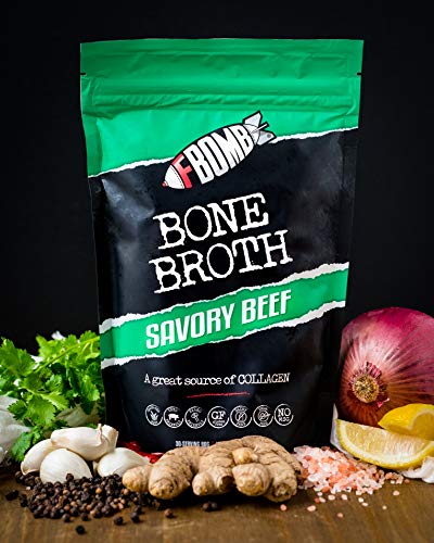 FBOMB Beef Bone Broth Protein Powder - 30 Servings: Keto & Paleo Friendly Soup, Fortified with Electrolytes & Collagen | Grass-Fed, Pasture Raised Beef | Dairy-Free, Gluten Free, Non-GMO | Savory