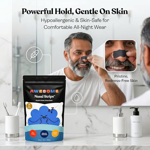 Image of AWESOME Nasal Strips for Breathing & Snoring Relief, 30 Strips - Strong Hold Nose Strips for Better Airflow, Sleep & Sports Performance - Sweat-Resistant, Skin-Safe, CDSCO Approved Pack Of 3