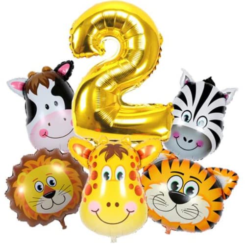 DIWULI Ballon Animaux Jungle 2 Ans Kit - Chiffre 2 Or Décoration Anniversaire Animaux, Ballon Animaux de la Foret, Lion Tigre Girafe Zèbre Vache Garcon Fille Enfant Deco Fête Animal Numero Nombre Cover