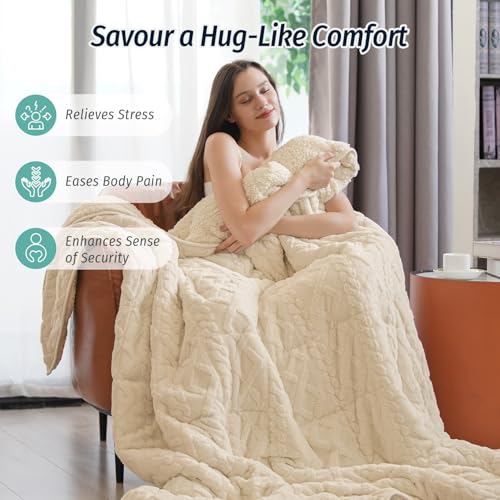Wemore Weighted Blanket for Adults Twin Size 20 lbs, Dual Sided Soft Fuzzy Jacquard Sherpa Weighted Blankets for Sleeping, Cozy Fluffy Knitted Heavy Blanket for Couch Bed, Khaki, 60 x 80 inches