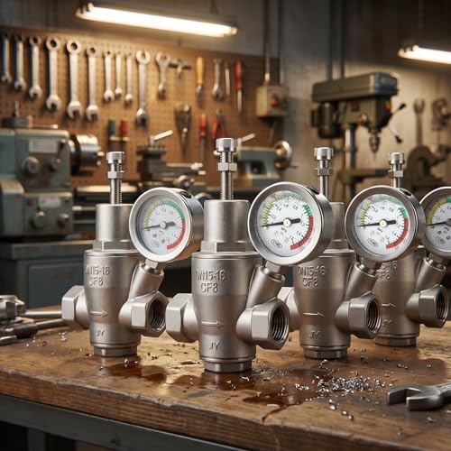 MEANLIN MEASURE 1/2\" Water Pressure Reducing Valve, DN15, 304 Stainless Steel Adjustable Pressure Regulator with 0-220 PSI Gauge, for Home Plumbing, RV, Industrial Water Pipe System