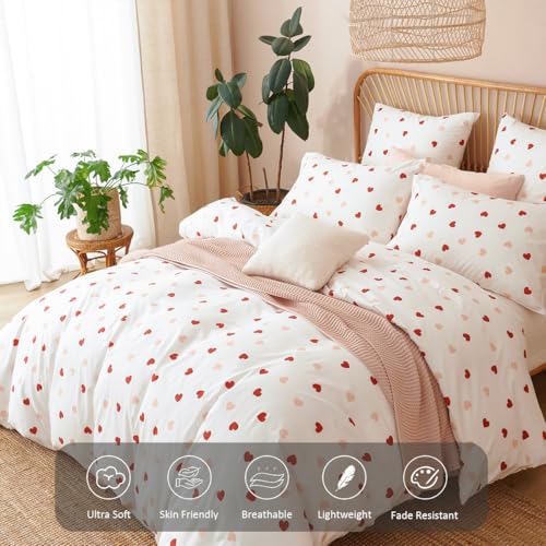 Image of Heart Duvet Cover Set Queen Size,White Pink Red Heart Pattern Bedding Duvet Cover Girls with Zipper Closure,Breathable Microfiber Comforter Cover 90 inchx90 inch and 2 Pillowcases 20 inchx30 inch