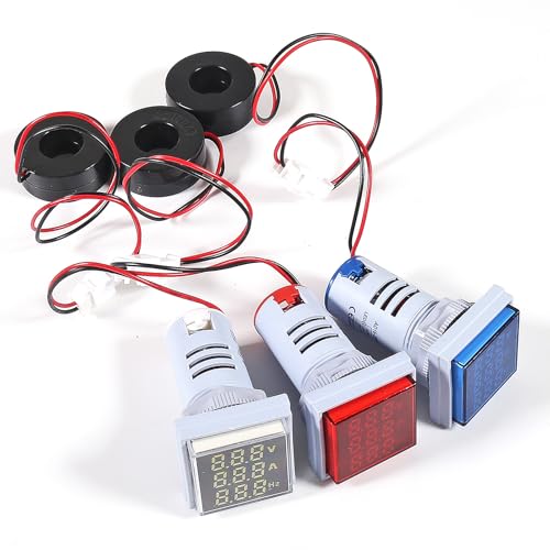 Image of 3PCS Square LED Digital Voltmeter Ammeter Hertz Meter AC20-500V Signal Lights Voltage Current Frequency Combo Meter Indicator Tester with CT(White+Blue+Red)