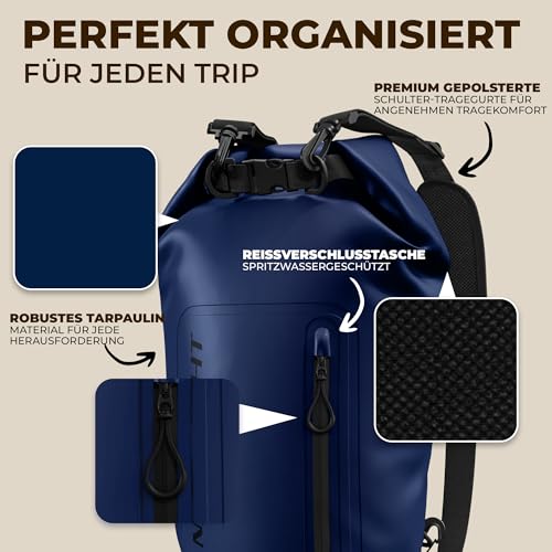 Nordlight Dry Bag wasserdichte Tasche mit Handyhülle + Roll-Top, Schultergurt | Drybag wasserfester Rucksack Beutel Packsack Seesack Wassersack Wetbag | Baden Schwimmen Strand SUP – Navyblue, 10 Liter