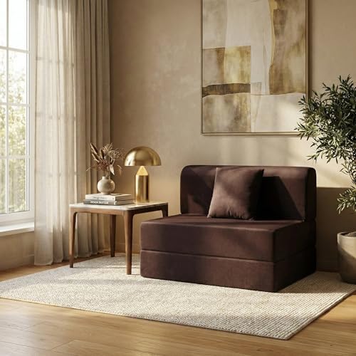 VANSH FURNITURE - Foldable One Seater Sofa Bed 3 X 6 Ft Jute Fabric Washable Cover Sofa Cum Bed with Cushions Convertible Sofa Bed for Home, Office (Brown Color - Pre-Assembled)