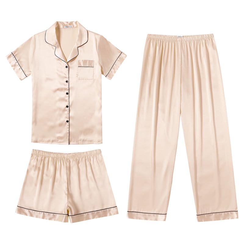 Image of Ekouaer Silk Pajamas for Women Set Satin Soft Short Sleeve Button Down Pjs