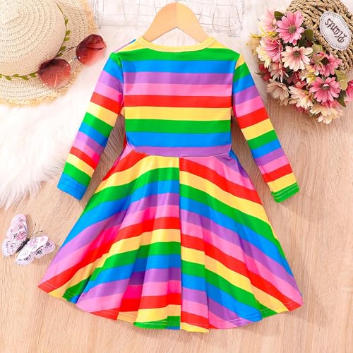 Image of Tkria Toddler Girls Rainbow Dress Striped Fall Dress Cartoon Colourful Long Sleeve Casual Dressy 2-7T