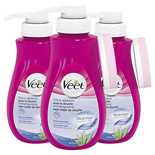 VEET Crema depilatoria para cuerpo y piernas – para piel sensible – 400 ml – Paquete de 3