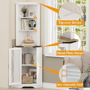 FATORRI Tall Corner Cabinet with Storage, Farmhouse Corner Shelf Cabinet with Door & Adjustable Shelves for Living Room, Kitchen (Rustic Oak+White Oak) FATORRI Tall Corner Cabinet with Storage Farmhouse Corner Shelf Cabinet with Door Adjustable Shelves for Living Room Kitchen Rustic OakWhite Oak