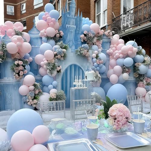 Image of HILAVO Pink and Blue Balloons 12 Inch Gender Reveal Latex Party Balloons | Pastel Light Baby Blue Pink White Balloon Confetti Balloons for Boy or Girl Birthday Bridal Baby Shower Party Decorations