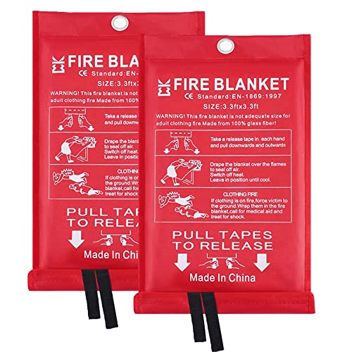 Emergency Fire Blanket for Home and Kitchen – 2 Pack 3.3x3.3ft Fiberglass Suppression Flame Retardant Safety Camping Blankets Emergency Extinguisher Survival Kit for House Office Fireplace Car