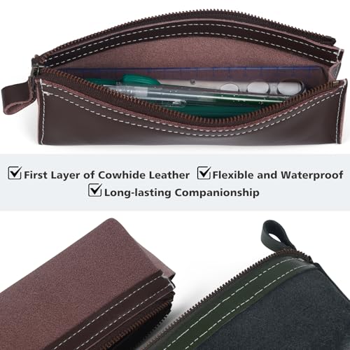 Image of Genuine Leather Pencil Case Pouch Zipper Pencil Pouch,Stationery Bag Organizer,Makeup Cosmetic Pouch Women Men Adults