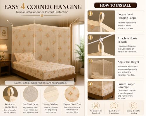 Image of ANS Single Bed Mosquito Net for Bed Floral Print with Cotton Border, Breathable Free Air Flow Mesh, Hanging Mosquito Net for Single Bed, 3.5 x 6.5 ft, Height 5 ft, Cream Floral