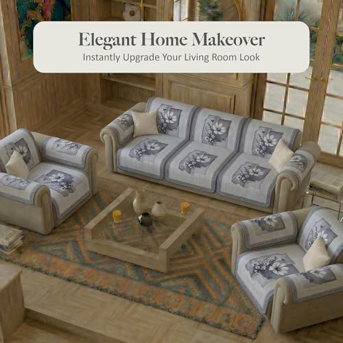 Image of Kuber Industries 5 Seater Sofa with Arm Cover | Velvet Slipcover for Living Room | Thick & Cozy | Non-Slip Comfort Sofa Cover Set | Pyramid Flower 560 - Grey & White
