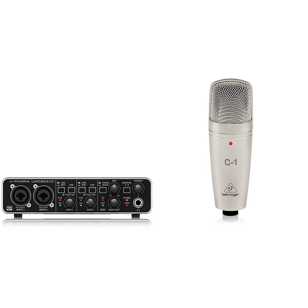 Behringer U-Phoria Umc204Hd Interface De Audio/Midi USB + C-1 Micrófono De Condensador (De Estudio, XLR, 100 Ω, 40 Hz - 20 Khz), Color Dorado