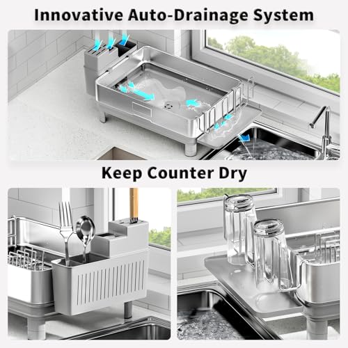 Image of Ewaiira Dish Drying Rack, 304 Stainless Steel Dish Racks for Kitchen Counter, Dish Drainers with Automatic Drainage, Utensil Holder & Cups Holder, Space Saving Kitchen Organizer, Gray
