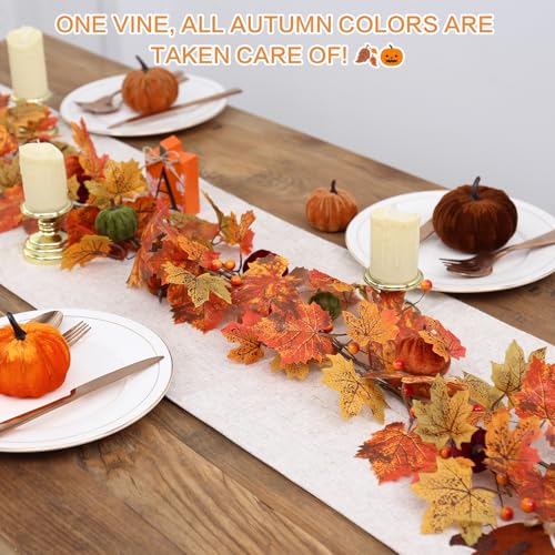 Image of RoseCraft Fall Garland, 6FT Autumn Maple Leaf Velvet Pumpkin /Berry Garland Fall Decor, for Home Harvest Thanksgiving Fireplace Front Door Indoor Outdoor Holiday Party Decorations.