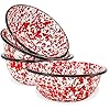 Red Co Set of 4 Enamelware Metal Classic 20 oz Round Cereal Bowl Red MarbleBlack Rim Splatter Design