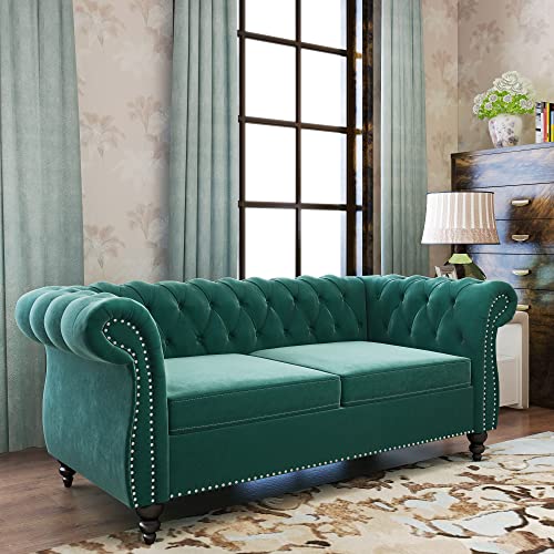 Image of Chesterfield Loveseat, Modern Velvet Sofa Tufted Couch 2 Seater with Scroll Arms and Nailhead for Living Room, Bedroom, Office, Apartment (Green)