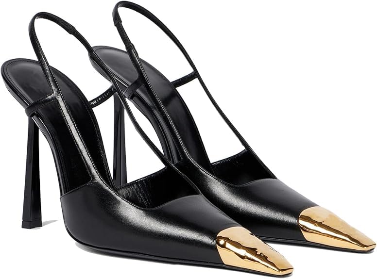 MeiLuSi Womens Slingback Heels Metal Pointed Toe Leather High Heels Stiletto Heel Pumps Backless Pumps Slip on Elastic Strap Party Dress Shoes