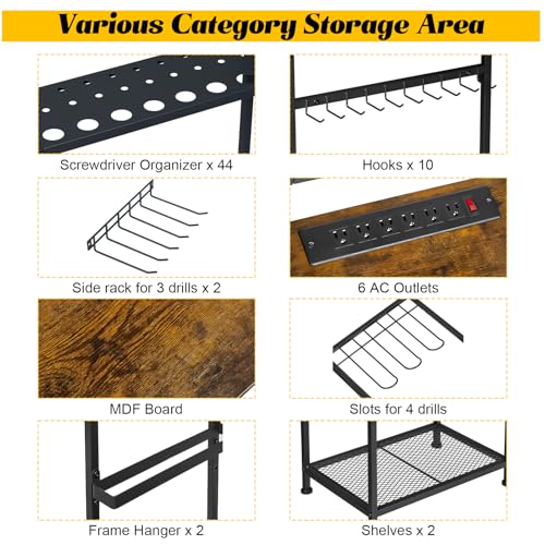 Floor Power Tool Storage Organizer With Charging Station, Heavy Duty Cordless Tool Holder Cart with 3 Shelves, Large Capacity Tool Shelf Rack Stand Drill Screwdriver Tool Box Organization and Storage