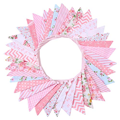 Tupa 36 Feet Double Sided Fabric Bunting Banner Triangle Flag Garland Decoration with 36 Flags Floral Style for Wedding Birthday Parties (Pink)