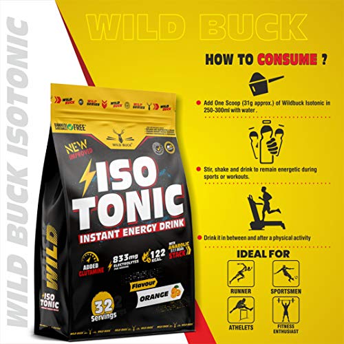 Image of Wild Buck Isotonic Instant Energy Drink Formula, Extended Workout Electrolyte Energy Drink with Anabolic Stack 2:1:1 BCAA, Dextrose Monohydrate and L-Glutamine | 833mg Electrolytes [32 Servings, Orange Flavor]