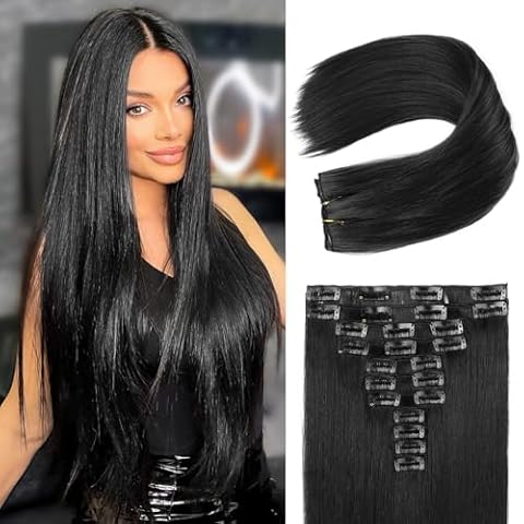 REECHO Hair Extensions, 11PCS Clip in Hair Extensions 24" Long Straight hair extensions HE005 Natural Soft Synthetic Hairpieces for Women – Black Cover