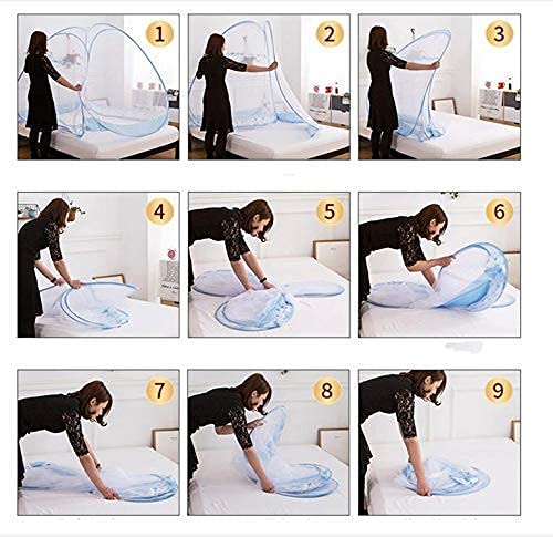 Image of Double Bed Mosquito Net /Machhardani 6.5 x 6.5 Feet with Foldable Steel Frame | Polyester Adults Mosquito Net for Family Sleeping | High Durability, Foldable, Tent Shape Mosquito Net (Blue)