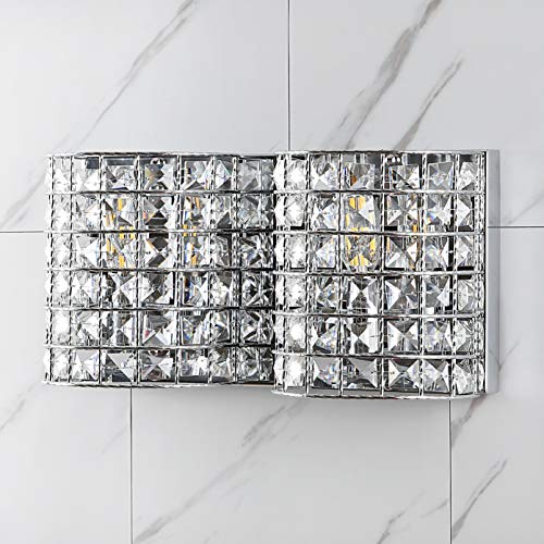 Image of JONATHAN Y 15 inch Chrome Modern LED Vanity Light Sconce for Bathroom Decor, 2-Light, Clear Crystal Shade, Glam Wall Lighting for Hallway Entryway, LED Bulb Included (JYL7543A)