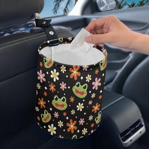 Image of Cute Frog Flowers Car Trash Can Portable Car Garbage Bin Easy to Clean Collapsible Multipurpose Waste Basket Bin Car Accessories Interior Universal