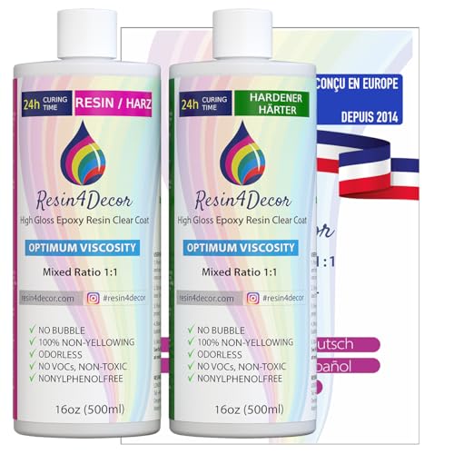 Resine Epoxy Ultra Transparente RESIN4DECOR 1:1 - Parfaite pour l’artisanat et l'art Fabrication de bijoux et de moules - Non jaunissant et non toxique - Durcissement en 12-24h - Inodore - 1000ml